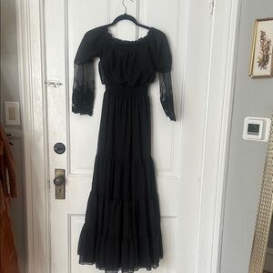 Witchy Black Maxi Peasant Dress with Lace Sleeves